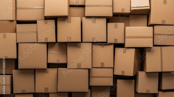 Fototapeta 3D rendering of a chaotic pile of cardboard boxes in shades of brown and beige. This serves as a background for an online shopping, business, or delivery concept.