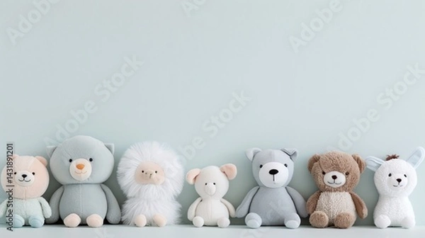 Fototapeta Pastel teddy bear collection, soft plush textures, pale blue background, minimalistic kids decor, cute toy lineup, neutral colors, calm mood, horizontal layout, copy space