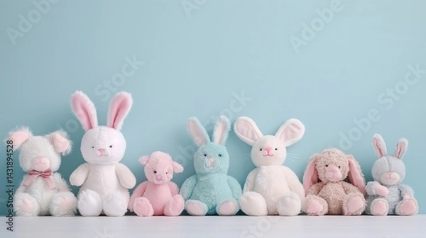 Fototapeta Plush bunny and bear toys in pastel colors, full lineup on clean blue background, horizontal arrangement, soft textures, kids room style, playful display, copy space