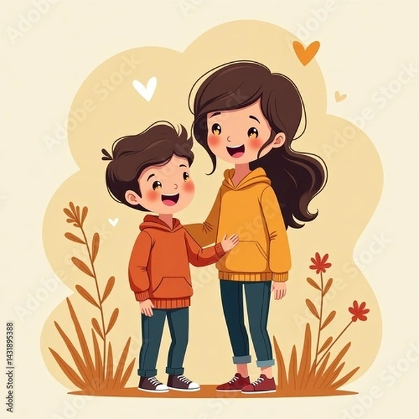 Fototapeta Mother and her son stand together, surrounded by plants and flowers, with floating heart symbols above them. Warmth and affection, Mother’s Day, family-themed designs, greeting cards, parenting