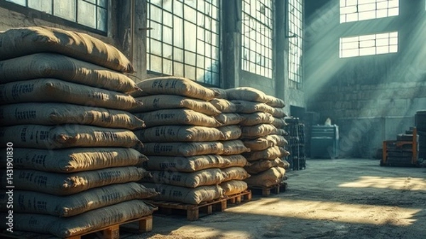 Obraz Stacks of burlap sacks in an industrial warehouse. Sunlight streams through large windows