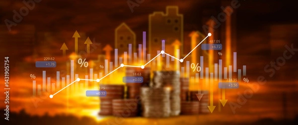 Fototapeta Fund investment concept, Interest rate, percentage and arrow investment on coin instead of return return index fund and mutual fund return long term investment retirement fund