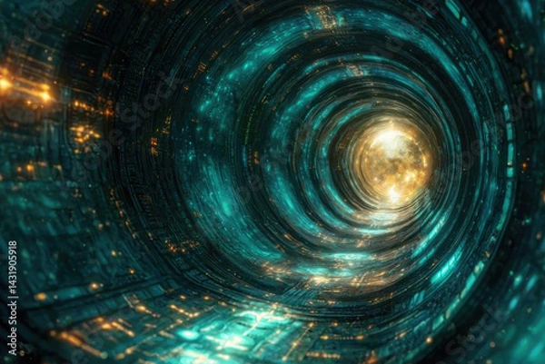 Fototapeta A mesmerizing digital tunnel, swirling teal and gold lights leading to a bright, starlit destination.