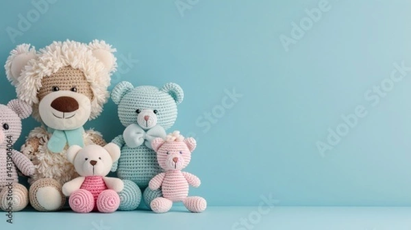 Fototapeta pastel teddy bear group, soft crochet textures, baby blue background, front facing setup, cuddly characters, neutral and pink tones, cozy composition, nursery themed decor