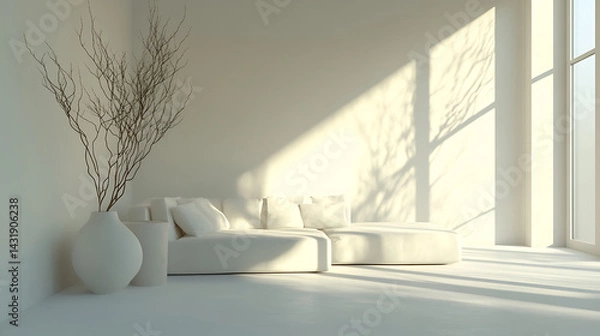 Fototapeta Modern minimalist living room featuring neutral tones, artistic vases, and dried botanical decor for a serene, natural aesthetic.