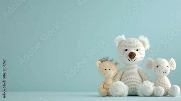 Fototapeta plush animal trio, crochet soft toys, minimal teal backdrop, bear lion pig characters, pastel yarn texture, neutral tones, clean copy space, front layout, soft light mood