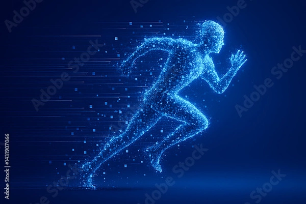 Fototapeta Digital Human Runner in Motion Made of Glowing Particles