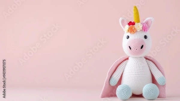Fototapeta crochet unicorn doll, pastel pink background, flower crown accessory, handmade soft toy, whimsical single character, magical theme, light composition, front facing view