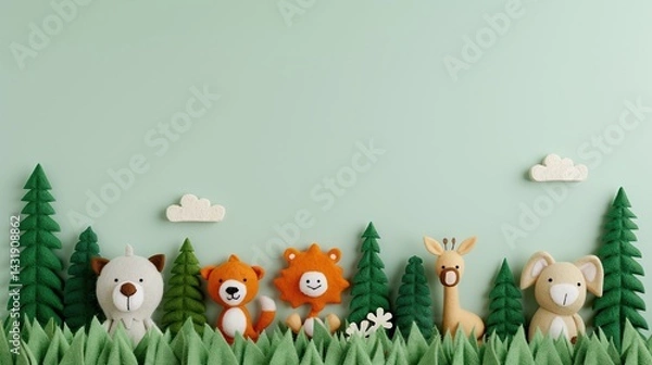 Fototapeta woodland animal plushies, toy collection in jungle setting, green tree background, safari characters, imaginative display, pastel tones, playful forest scene, clean copy space