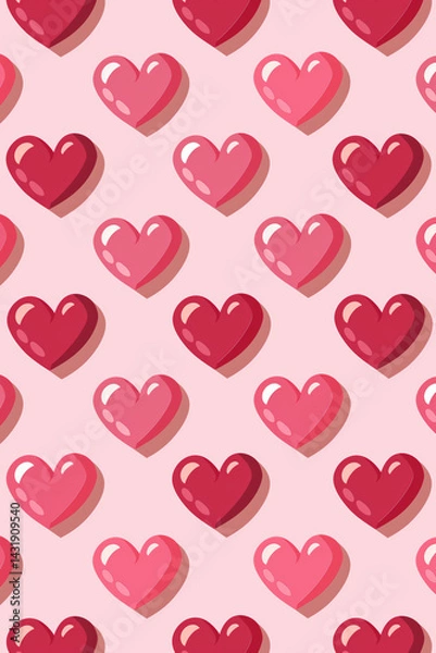 Fototapeta Cute pattern of glossy red and pink hearts on soft pink background. Ideal for Valentine’s Day, wrapping paper, or romantic design themes.