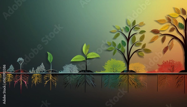 Fototapeta tree growth, data evolution, digital transformation, symbolic trees, development stages, conceptual illustration, growth metaphor, technology and nature, binary code, information flow, abstract forest