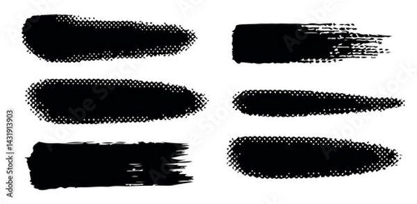 Obraz Set of black grunge brush strokes with halftone texture and rough paint edges, isolated on white background