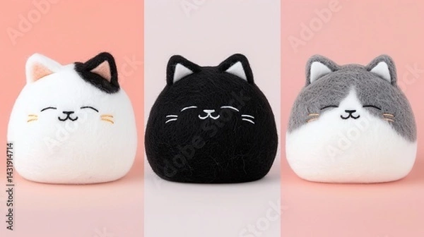 Fototapeta round plush cats, pastel background split, cute toy faces, black white gray set, soft lighting, symmetrical layout, playful expression, modern nursery style, front view crop