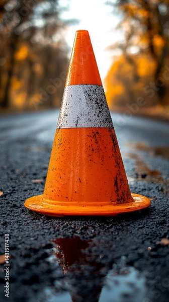 Fototapeta A modern, clean construction cone stands on a sunlit road, its bright color and sharp lines blurred in motion, symbolizing caution, safety, and ongoing progress in urban development.

