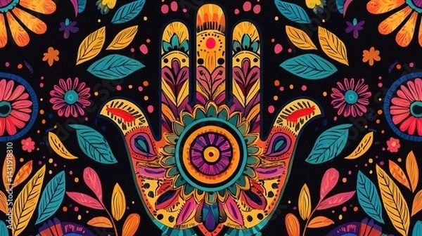Fototapeta Intricate hamsa hand symbolizing protection and harmony vibrant colors digital artwork black background artistic perspective