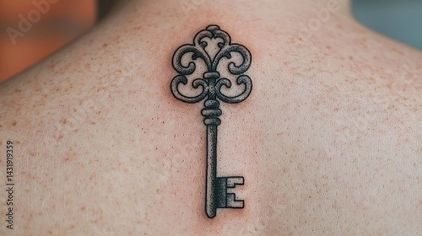Fototapeta Vintage key tattoo design on back body art artistic environment symbolism of freedom