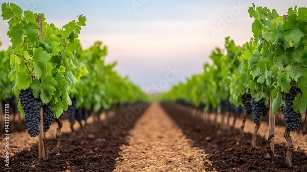 Fototapeta Bountiful Grapevine Rows Swaying Serenely in Vineyard Landscape under a Dreamy Sundown