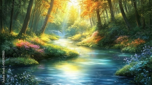 Obraz Sunlit forest stream, autumn leaves, tranquil scene, nature wallpaper