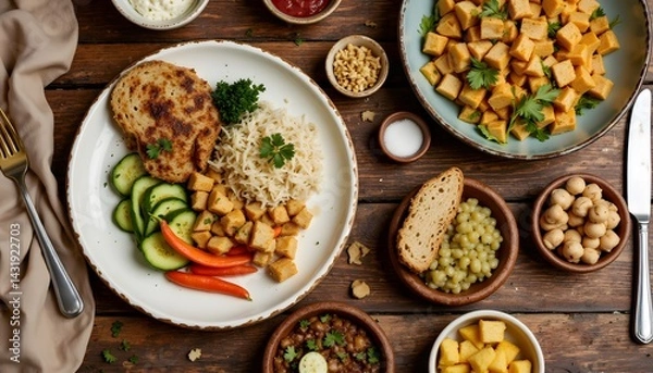 Obraz Delicious Plant-Based Meal Arrangement with Colorful Vegetables