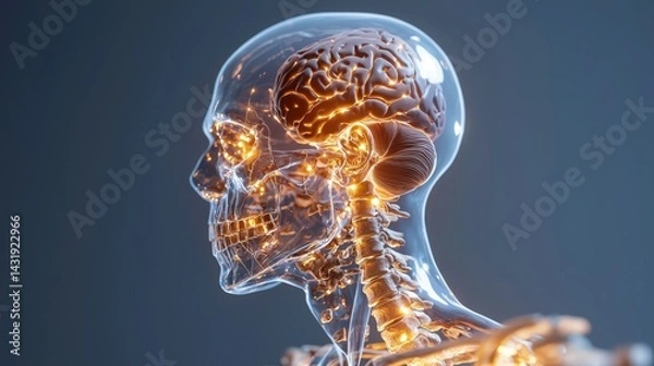 Fototapeta A close up of a brain with a skeleton in the background