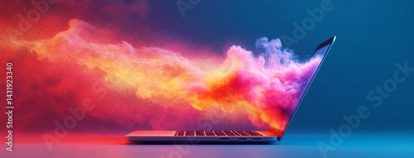 Fototapeta wide advertising background of laptop computer with colorful burning smoke coming out from the screen in blue background 