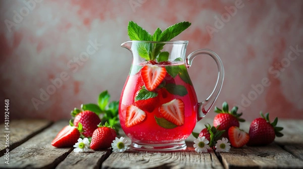 Fototapeta Refreshing Strawberry Mint Pitcher Drink Rustic Wooden. Generated With AI