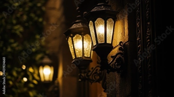 Obraz Nighttime lanterns illuminate old building