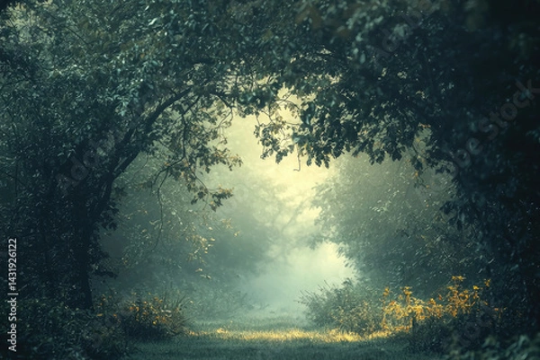 Obraz Misty morning in an enchanting forest, sunlight filtering through the dense foliage.