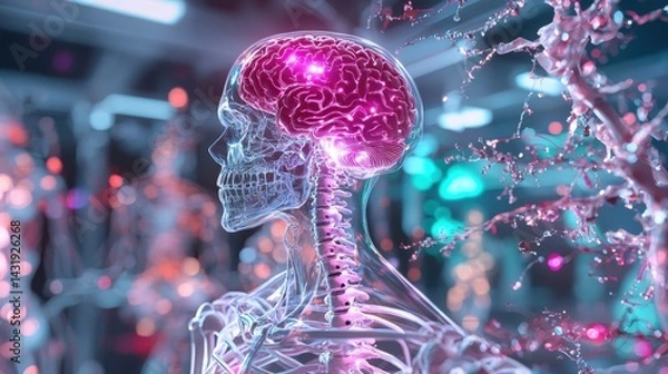 Fototapeta A skeleton with a brain that is glowing pink