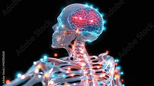 Fototapeta A skeleton with a brain on top of it
