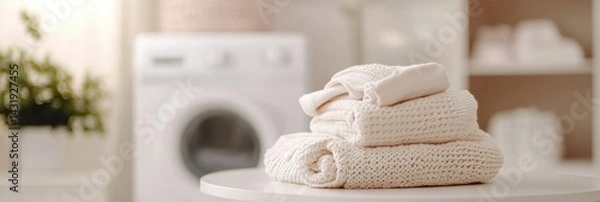 Fototapeta Soft baby clothes neatly folded in elegant colors with modern washing machine in the background and ample copy space for design use