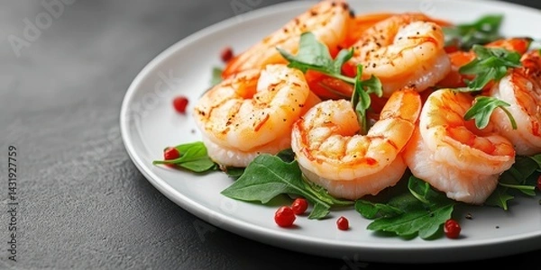 Obraz Fresh shrimp served on a bed of arugula with spices at a casual dining spot
