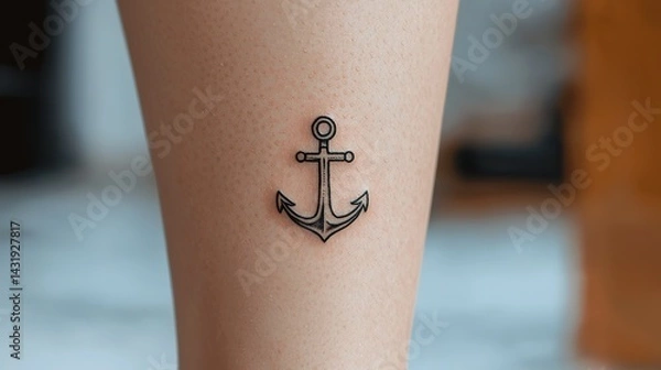 Fototapeta Anchor tattoo on ankle symbolizing strength and stability personal art indoor setting close-up view meaningful design