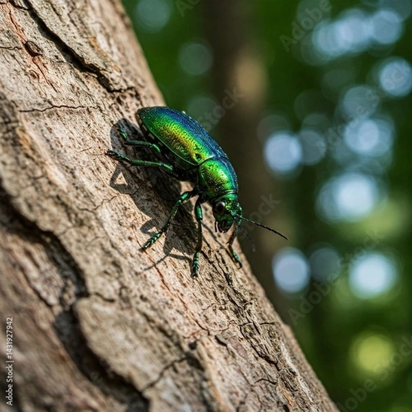 Fototapeta Emerald Ash Borer Green Insect Metallic Body On Bark Isolated on Tree