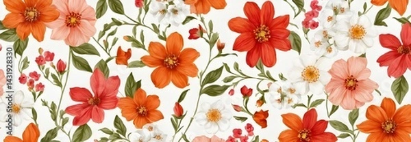 Obraz Floral pattern. Pretty flowers on a white background. Printing with small orange, red, and pink flowers. 