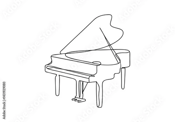 Fototapeta Continuous single line drawing of a luxury wooden grand piano in minimalist black and white vector style
