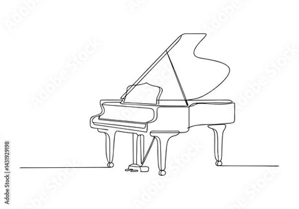 Fototapeta Continuous single line drawing of a luxury wooden grand piano in minimalist black and white vector style