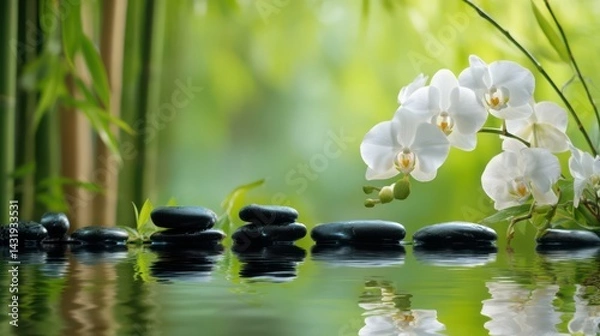 Fototapeta a spa concept, featuring black, rounded, smooth stones on water with a reflection
