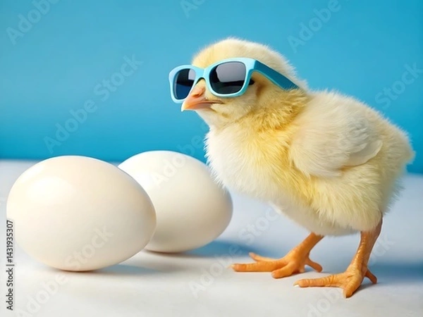 Fototapeta A chick wearing sunglasses standing next to two eggs on a white surface against a blue background