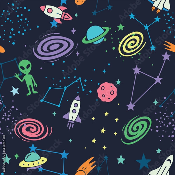 Obraz Seamless space pattern with planets, constellations, comets, stars, galaxies. Colorful cosmic background in cartoon style