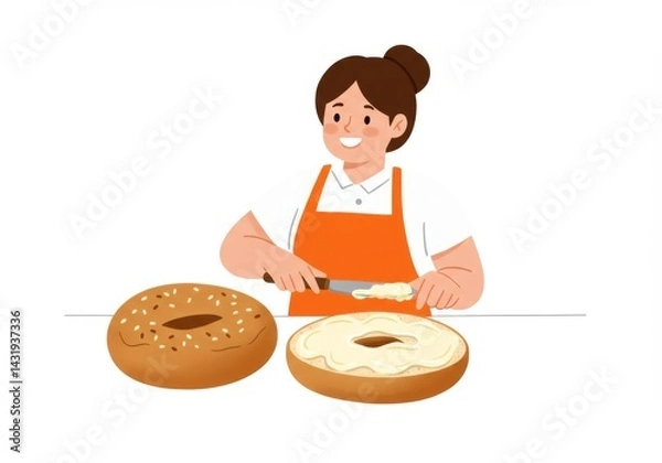 Obraz Cheerful baker spreading cream cheese on bagels in a bright kitchen scene