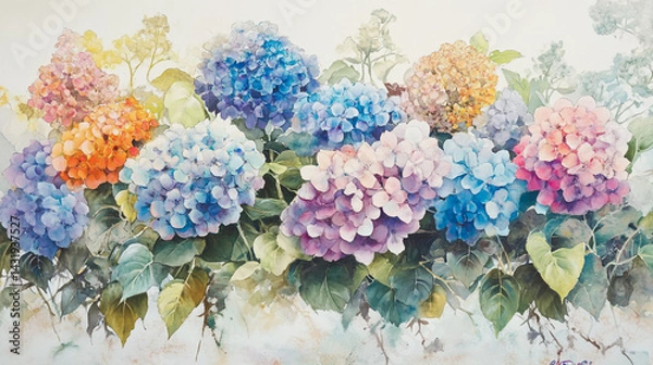 Fototapeta Elegant wedding invitation card background . Minimal hand painted watercolor Hydrangea flowers texture template background. Design for wedding, vip cover, poster, rsvp moderncard.Valentine's Day