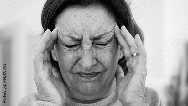 Fototapeta Elderly woman in visible distress, grimacing while holding head with both hands, eyes squeezed shut, intense focus on pain relief. Wrinkles and facial expression, headache or stress-SD 480p