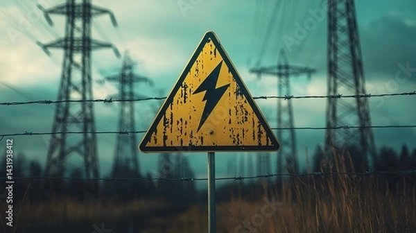 Fototapeta Warning sign electricity hazard near power lines rural landscape gigapixel image cautionary concept
