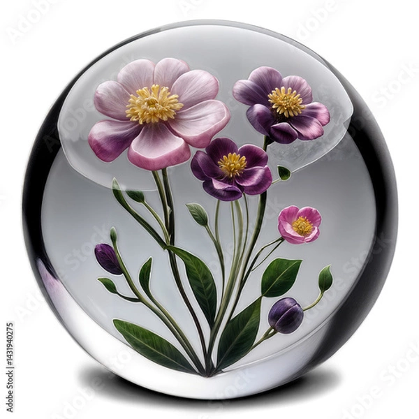Obraz A crystal-clear glass sphere encapsulates delicate pink and purple flowers with green leaves, creating a stunning, lifelike floral design that appears elegantly suspended in time.
