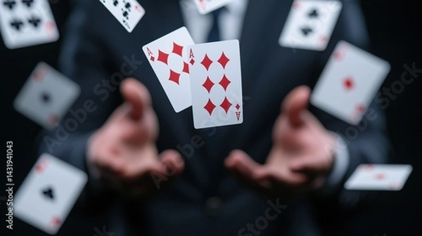 Fototapeta Magician's hands performing card tricks stage photography close-up dynamic action
