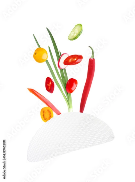 Obraz Rice paper and different ingredients falling on white background