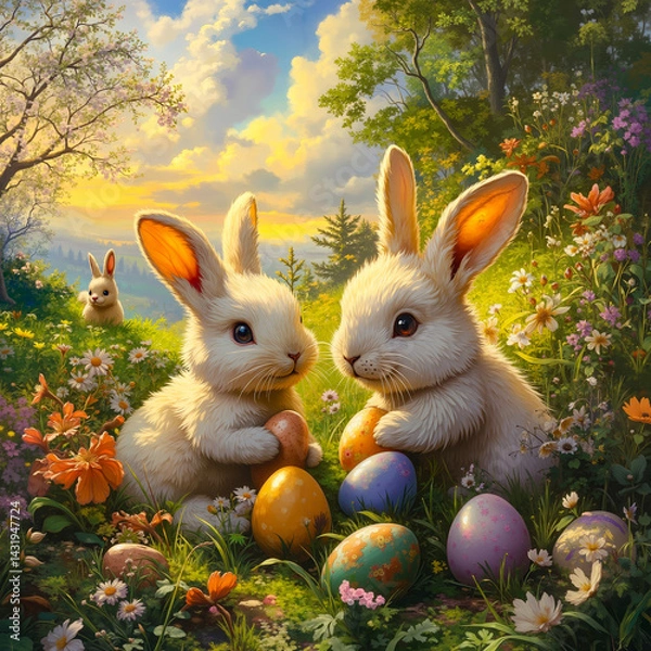 Fototapeta A couple of white rabbits sitting in a field of flowers with eggs