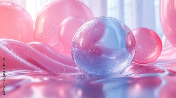 Fototapeta Spheres on shiny fabric with pink and blue hues create abstract scene.