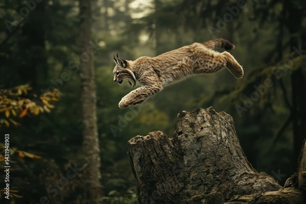 Obraz Lynx leaping forest stump.